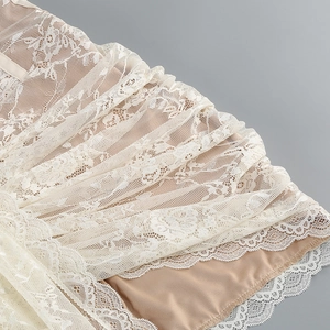 Detailed view of cream lace fabric with intricate floral embroidery and sewing lines