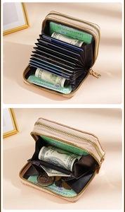 Internal view of rose gold glitter card holder with double zippers and multi-slots