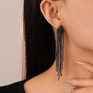 Dark style long tassel drop earrings with black rhinestones in triangular arrow shape