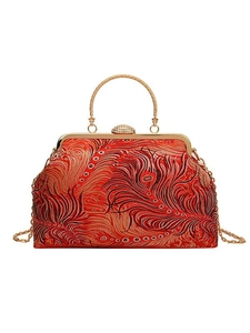 Vintage red phoenix embroidery kiss-lock handbag with golden metal frame and chain strap