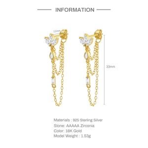Detailed view of 925 sterling silver tassel earrings with size dimensions and AAAAA zircon