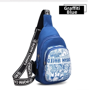 Detail of blue nylon chest bag featuring space dream graffiti and jacquard strap