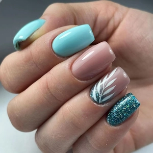 Press On Nails Light Blue Nude Pink With White Leaf Pattern Glitter Square Artificial False Nails For Women