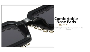 Detail of integrated black nose pads on square rhinestone sunglasses for comfortable fit