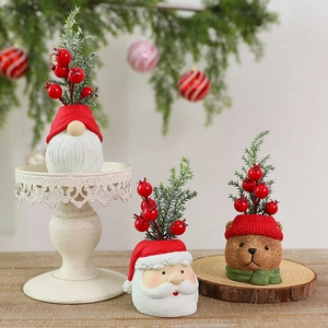 Christmas Desktop Ornaments Santa Snowman Bear Gnome Foam Cement Figurines With Artificial Pine Berries For Holiday Home Decor