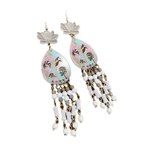 New Chinese style bamboo earrings with white lotus flowers and beaded fringe tassels