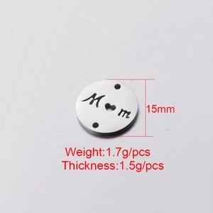 Detail of silver MOM heart charm with 15mm diameter and 1.7g weight specifications