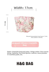Detail view of pink floral toiletry bag dimensions showing 17cm width and 14cm height