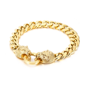Men's gold-plated stainless steel Cuban link bracelet with double lion head clasp closure