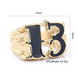 Bague griffe de dragon rétro en acier inoxydable 316 doré avec numéro 13 et textures