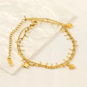 Double Layer Heart Pendant Anklet Stainless Steel 18K Gold Plated Artificial Pearl Foot Chain Jewelry For Women