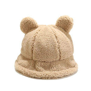 Cute beige faux shearling bucket hat with bear ears for autumn and winter warmth