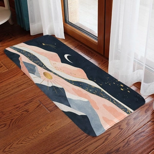 Detailed texture of flannel absorbent mat with artistic mountain landscape on wood floor