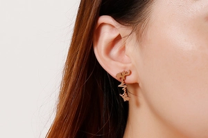 Close-up of rose gold elephant heartbeat stud earring worn on earlobe with sharp details