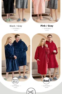 Detailed view of oversized hooded flannel blankets in black, grey, pink, navy, and red colors