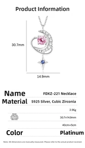 Detailed specs for S925 silver moon and star necklace with pink and blue stones