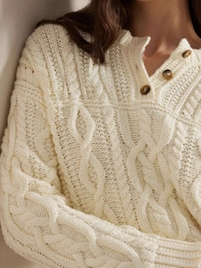 Retro cremeweißer Zopfstrickpullover mit V-Ausschnitt, Knöpfen und lockerer Passform