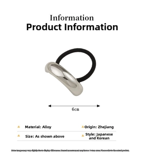 Detail view of a 6cm silver oval metal hair tie with a black elastic minimalist band