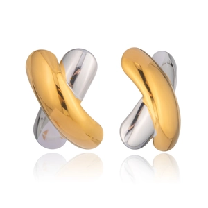 Two-tone X-shaped cross earrings in 18K gold and silver plated stainless steel design