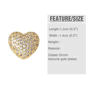 Detailed size chart showing 1.2x1.4cm heart earrings with cubic zirconia and gold plating