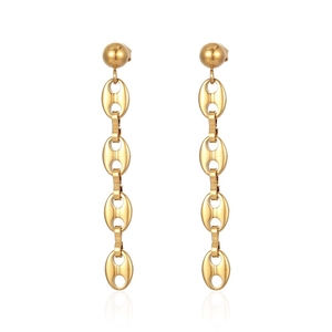 Minimalist gold tassel chain earrings with linked oval hollow pendants and pearl studs