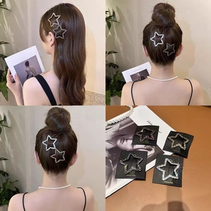 Star-shaped rhinestone hair clip shown in multiple angles and styled on a model