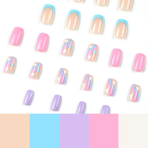 Pastel press-on nails with colorful heart designs and wavy lines in square-oval shape