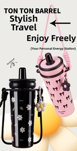 Detail of dust-proof lid and adjustable woven strap on portable stainless steel bottles