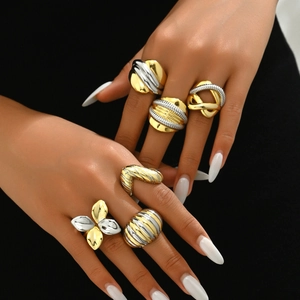 Adjustable Open Rings Two Tone Gold And Silver Plated Copper Geometric Flower Twisted Croissant Chunky Jewelry Women