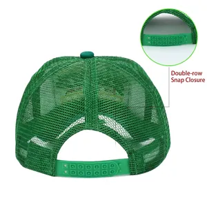 Neon green mesh trucker hat from back view with double-row adjustable snapback closure