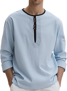 Detail of light blue cotton linen shirt showing black trim collar and button placket texture