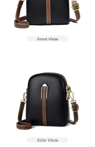 Detailed close-up of a mini crossbody phone bag with black pebbled leather and gold hardware