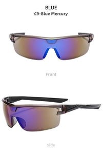 Front and side macro views of blue mercury sports sunglasses with brown frame