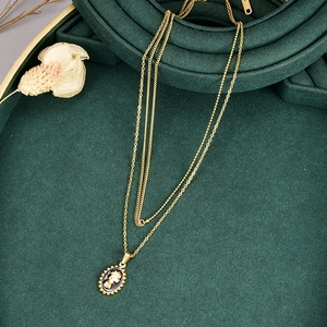 Baroque double-layer 18K gold plated necklace with black enamel Elizabeth pendant