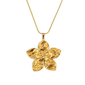 Elegant gold five-petal flower necklace with textured metal surface on snake chain