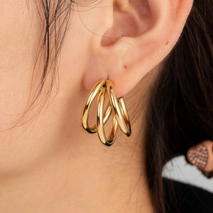 Three-layer gold titanium steel C-shaped knot hoop earrings for women on ear