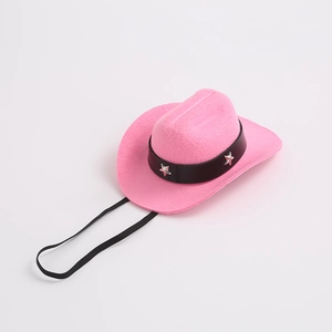 Detail eines rosa Mini-Haustier-Cowboyhuts mit Sternschnalle und elastischem Band