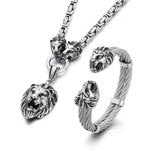 Men's Stainless Steel Lion Head Byzantine Chain Necklace And Open Cuff Bangle Retro Punk Hip Hop Gothic Jewelry