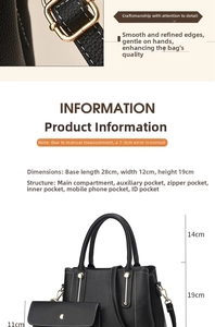 Detailed size chart of black lychee leather handbag with dimensions and internal pockets