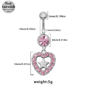Dimensions détaillées pour piercing de nombril en acier avec cœur et strass rose brillant