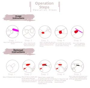 Instruction guide showing 5 steps to apply and remove pink press-on nails easily