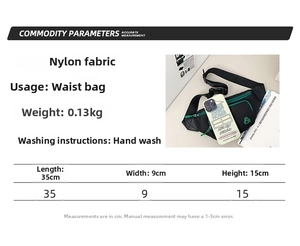 Detaillierte Größentabelle für Nylon-Umhängetasche mit Maßen 35x9x15cm und Gewicht