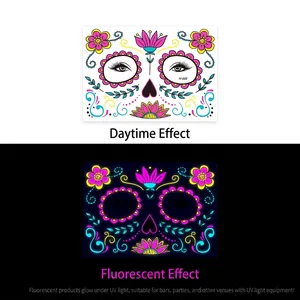 Neon sugar skull face tattoo stickers with pink petals and blue vines, FY-002 variant