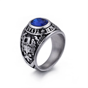 Vintage stainless steel Texas 1876 eagle military ring with blue gemstone