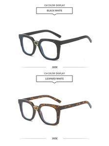 Detail view of square frame sunglasses with gold bridge accents in black and leopard prints