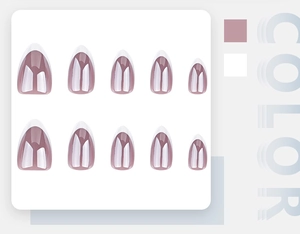Detailed display of almond shaped press-on nails with french tip in rose bean paste color