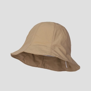Detail of khaki lightweight quick-dry bucket hat with wavy brim and ripstop nylon texture
