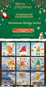 Detail view of festive Christmas gnomes and autumn pumpkin window stickers on a glass pane