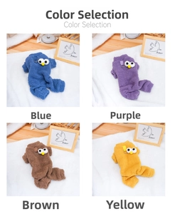 Detail of warm plush pet rompers with cartoon eyes and D-ring in four various colors