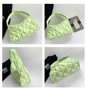 Detailed views of light green quilted nylon shoulder bag showing front, side and base